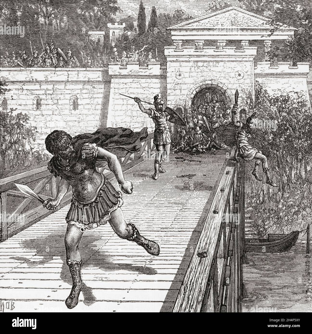 Gaius Gracchus fugge attraverso un ponte di legno sul Tevere nel tentativo di fuggire dai consoli romani. Gaius Sempronius Gracchus, 154–121 a.C. Popularis romano politico nel 2 ° secolo AC. Dalla storia universale illustrata di Cassell, pubblicata nel 1883. Foto Stock