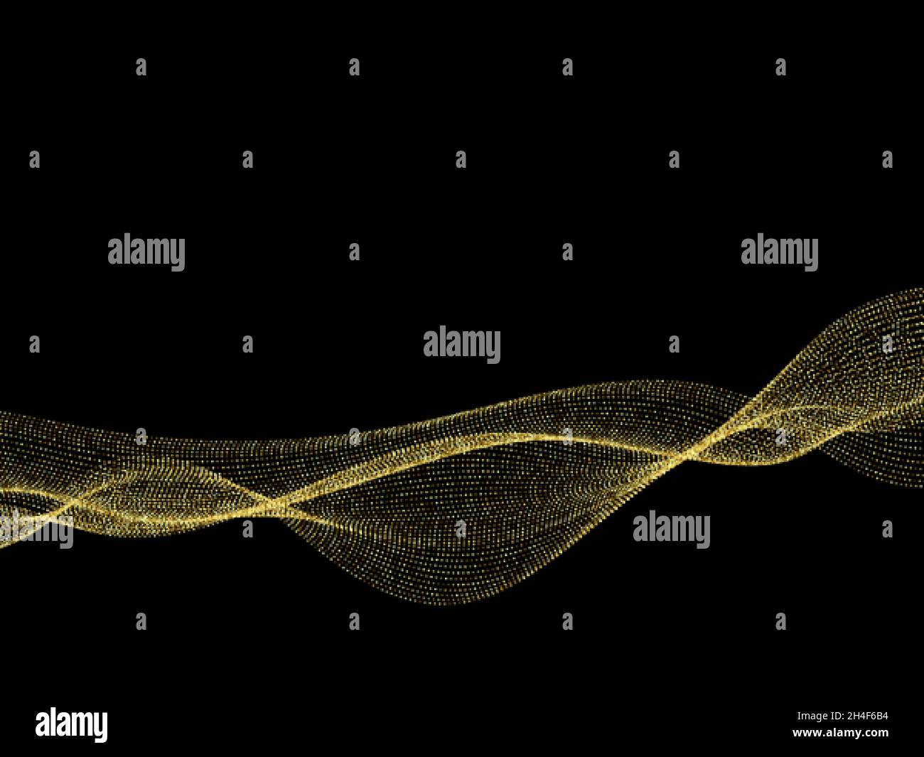 Molte particelle d'oro lucenti, un'onda sonora che scorre al buio. Punti lucidi rotondi, onda lucida liscia.vettore Illustrazione Vettoriale