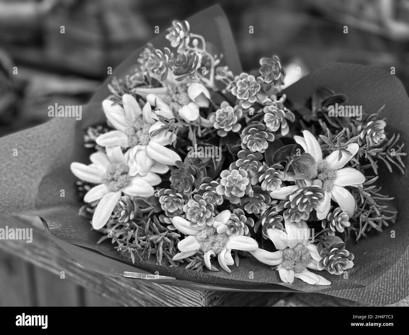 Foto in bianco e nero a fuoco selettivo di un piccolo bouquet di margherite e foglie decorative Foto Stock