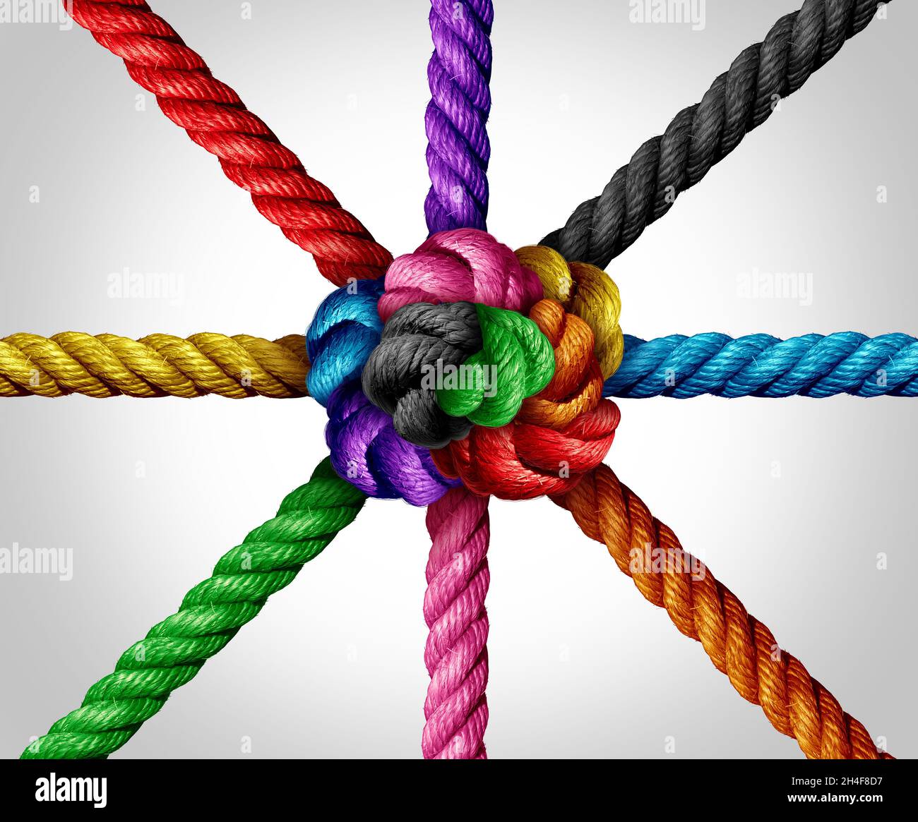 Concetto di fiducia di gruppo diversificato e simbolo connesso come diverse corde di diversità legate e collegate insieme come una catena infrangibile come metafora di fede. Foto Stock