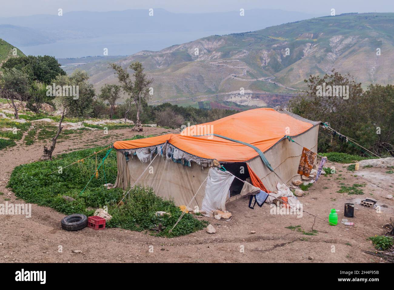 Campo beduino Nomad vicino a Umm Qais, Giordania Foto Stock