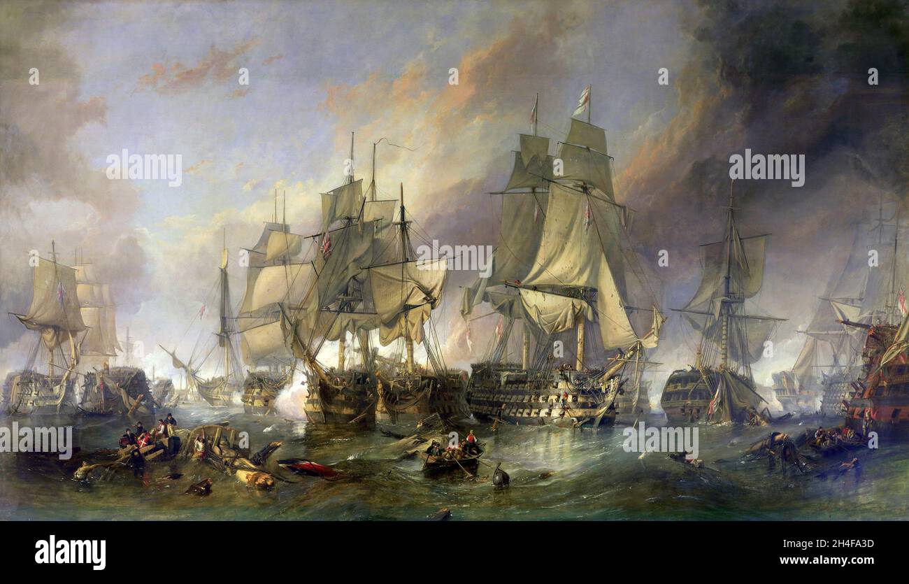 EUROPA - la battaglia di Trafalgar combatté contro Cadiz nell'Oceano Atlantico vicino al sud della Spagna dall'artista William Clarkson Stanfield. La battaglia di Trafal Foto Stock