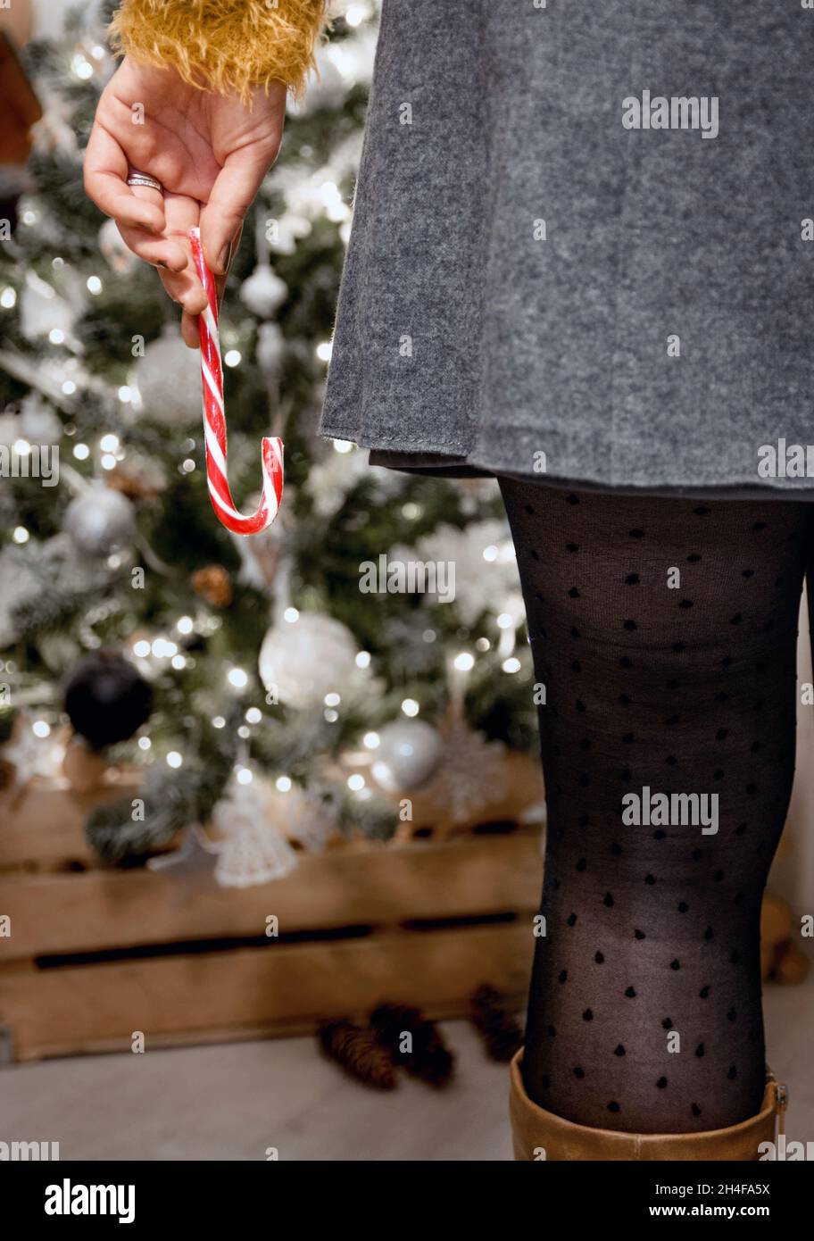 Foto ravvicinata della giovane donna che indossa gonna e pantyhose a pois polka, in piedi davanti all'albero di natale, che tiene la canna da caramella Foto Stock