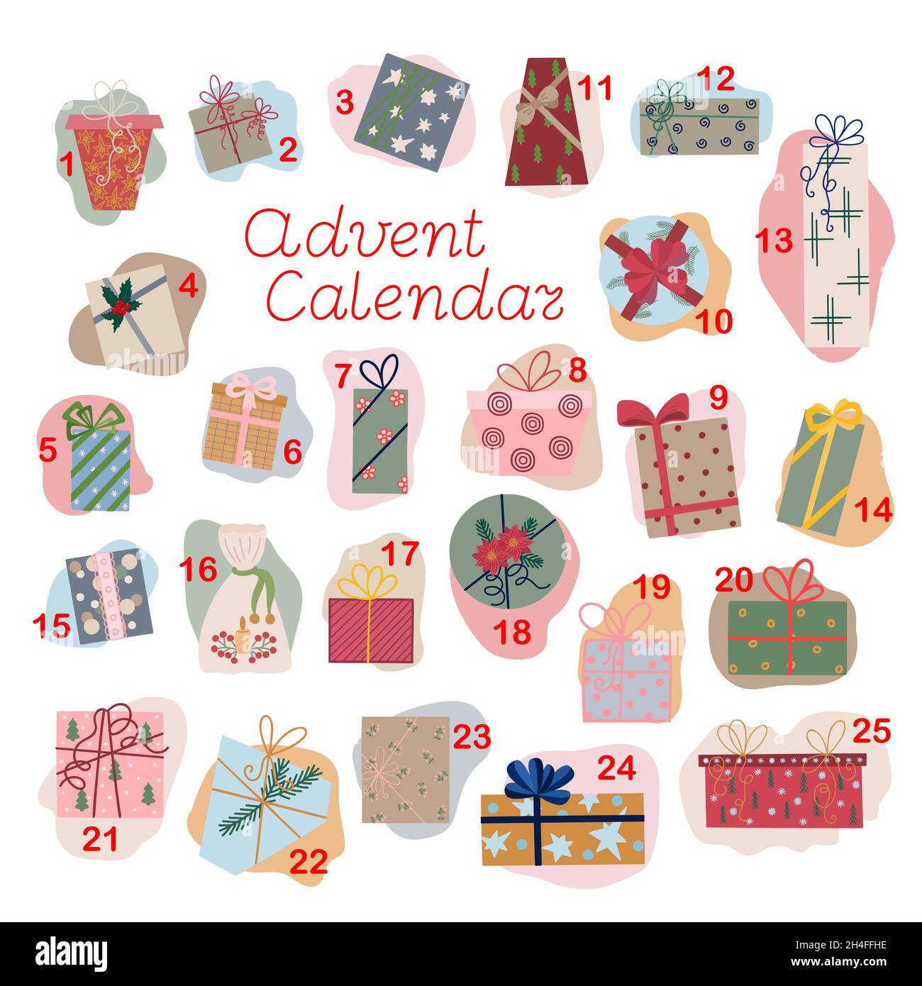 Calendario dell'avvento di Natale di scatole regalo set con nastro e archi illustrazione vettoriale, Natale allegro e felice anno nuovo festivo tradizionale modello di vacanza invernale, ornamento per conto alla rovescia dell'avvento Illustrazione Vettoriale