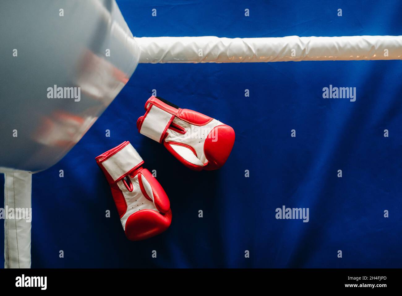 Primo piano di guanti da boxe rossi sul pavimento di un anello blu da boxe. Foto Stock