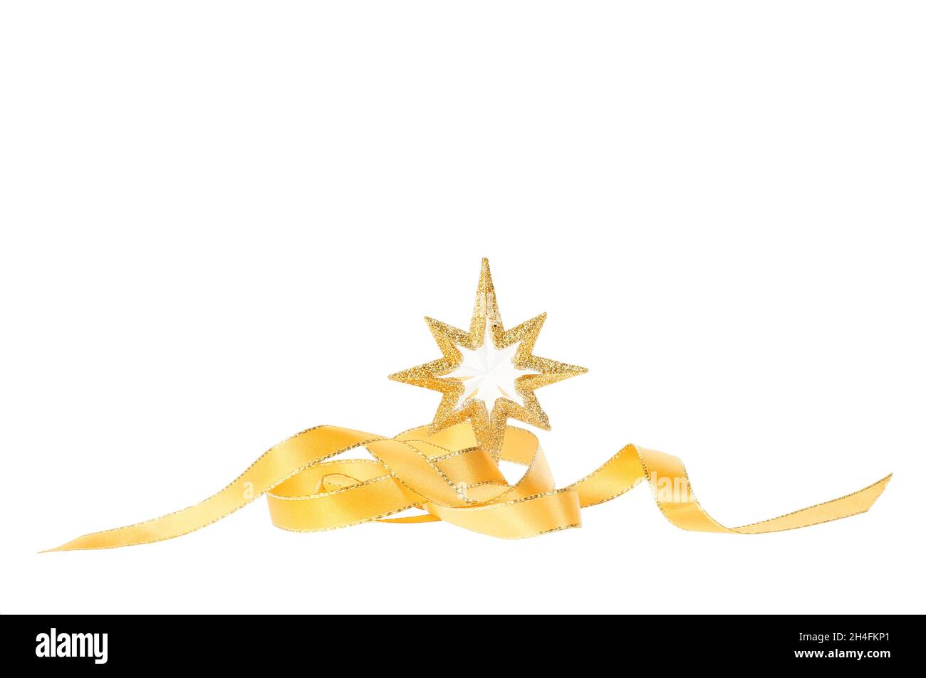 Stella glitterata oro e nastro decorazione natalizia isolato contro bianco Foto Stock