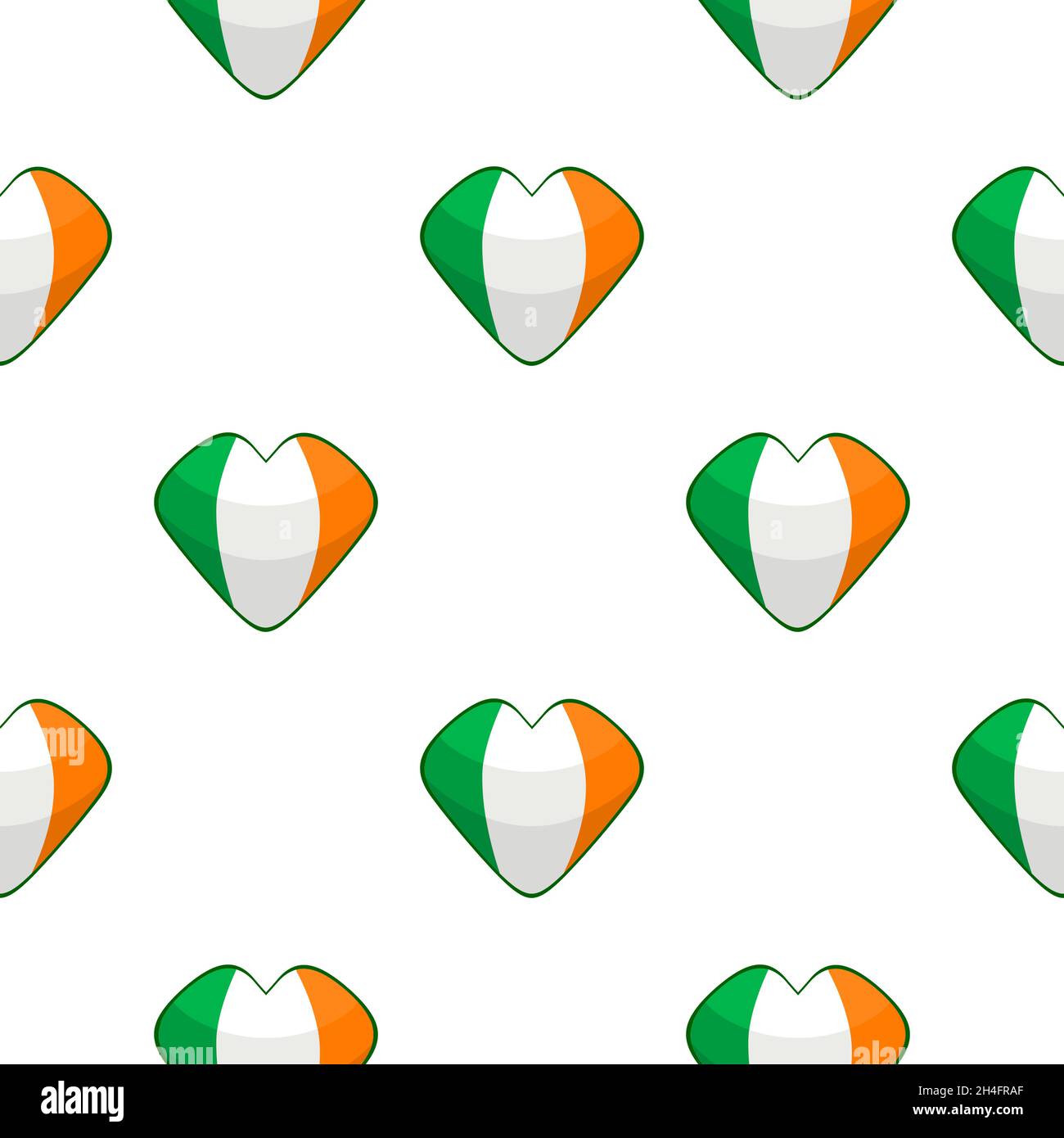 Illustrazione sul tema festa irlandese San Patrizio giorno, cuori di colore senza cuciture. Pattern giorno di San Patrizio composto da molti cuori identici su sfondo bianco Illustrazione Vettoriale