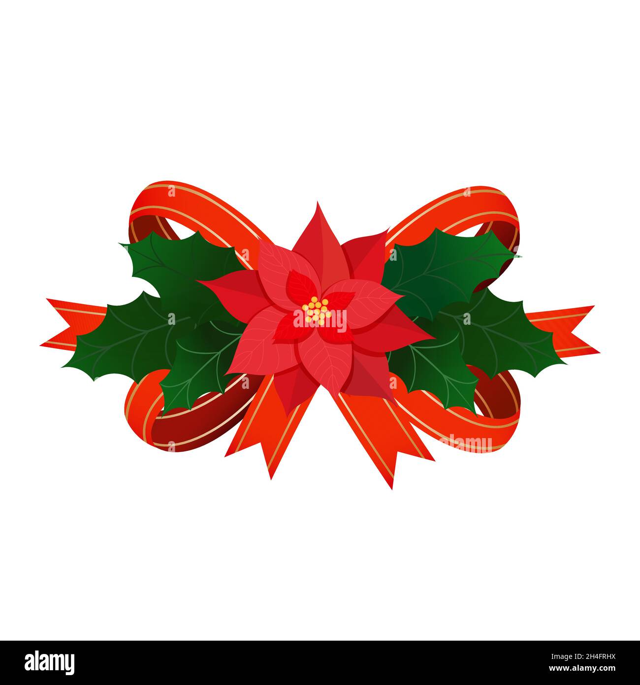 Decorazione a prua in raso natalizio con fiore poinsettia e foglie di agrifoglio. Vettore natale tradizionale elemento di design isolato su sfondo bianco. Illustrazione Vettoriale