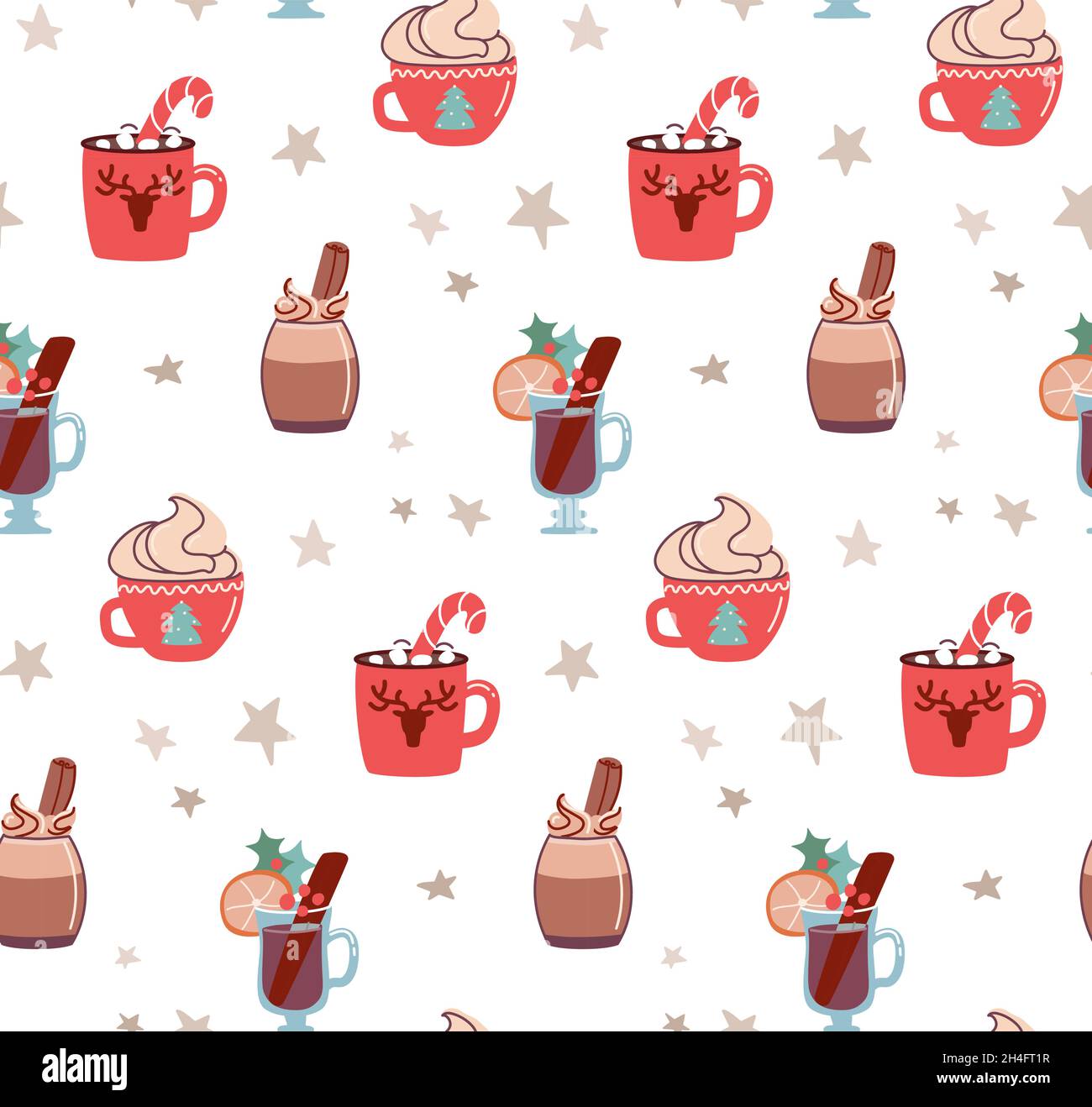 Modello senza cuciture con bevande di Natale. Confezione Vector Holiday con cacao e marshmallows, VIN brulé e cioccolata calda. In stile piatto. Illustrazione Vettoriale