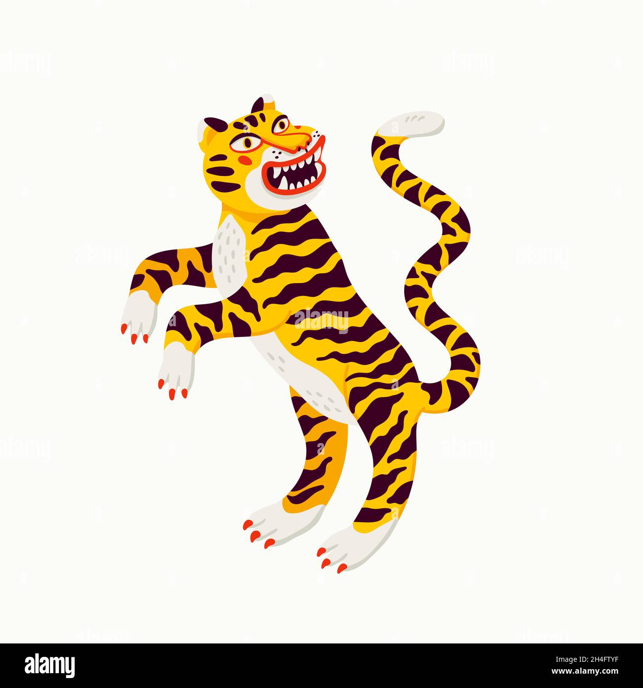 Illustrazione vettoriale della tigre, cartoon giallo tigre rampante su sfondo bianco. Illustrazione vettoriale di tipo piatto organico Illustrazione Vettoriale