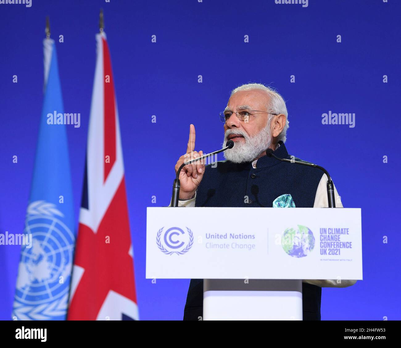 Glasgow, Regno Unito. 01 Novembre 2021. Il primo ministro indiano Narendra modi si rivolge alla sessione generale del COP26 U.N. Climate Summit al Glasgow Science Center, 1 novembre 2021 a Glasgow, Scozia.Credit: PIB Photo/PIB Photo/Alamy Live News Foto Stock