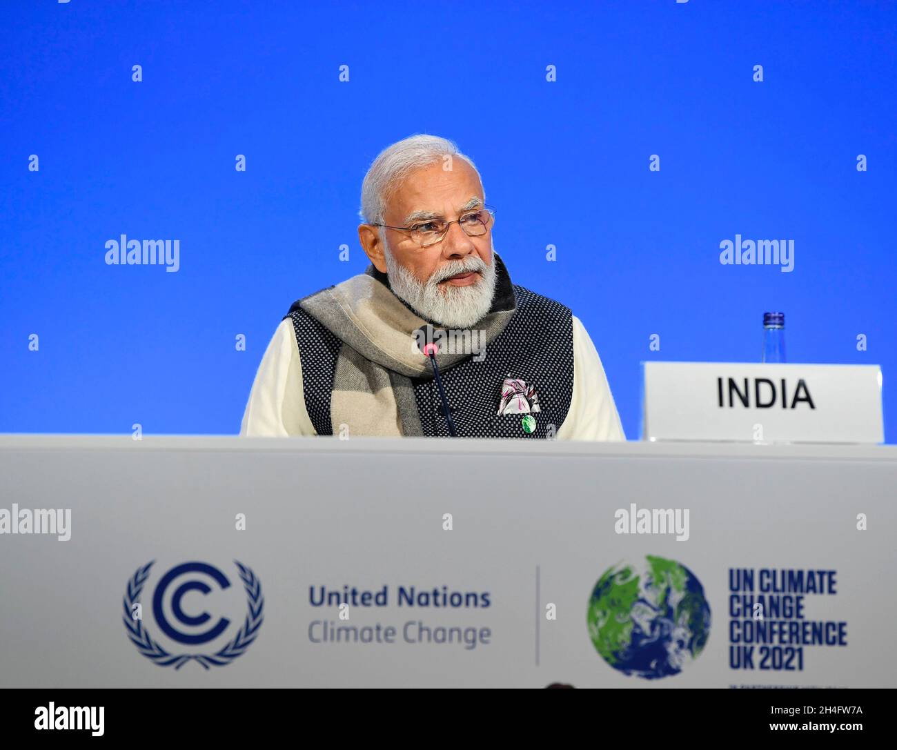 Glasgow, Regno Unito. 2 novembre 2021. Il primo ministro indiano Narendra modi affronta il lancio dell'infrastruttura per gli Stati dell'isola resilienti durante il COP26 U.N. Climate Summit al Glasgow Science Center, 2 novembre 2021 a Glasgow, Scozia.Credit: PIB Photo/PIB Photo/Alamy Live News Foto Stock