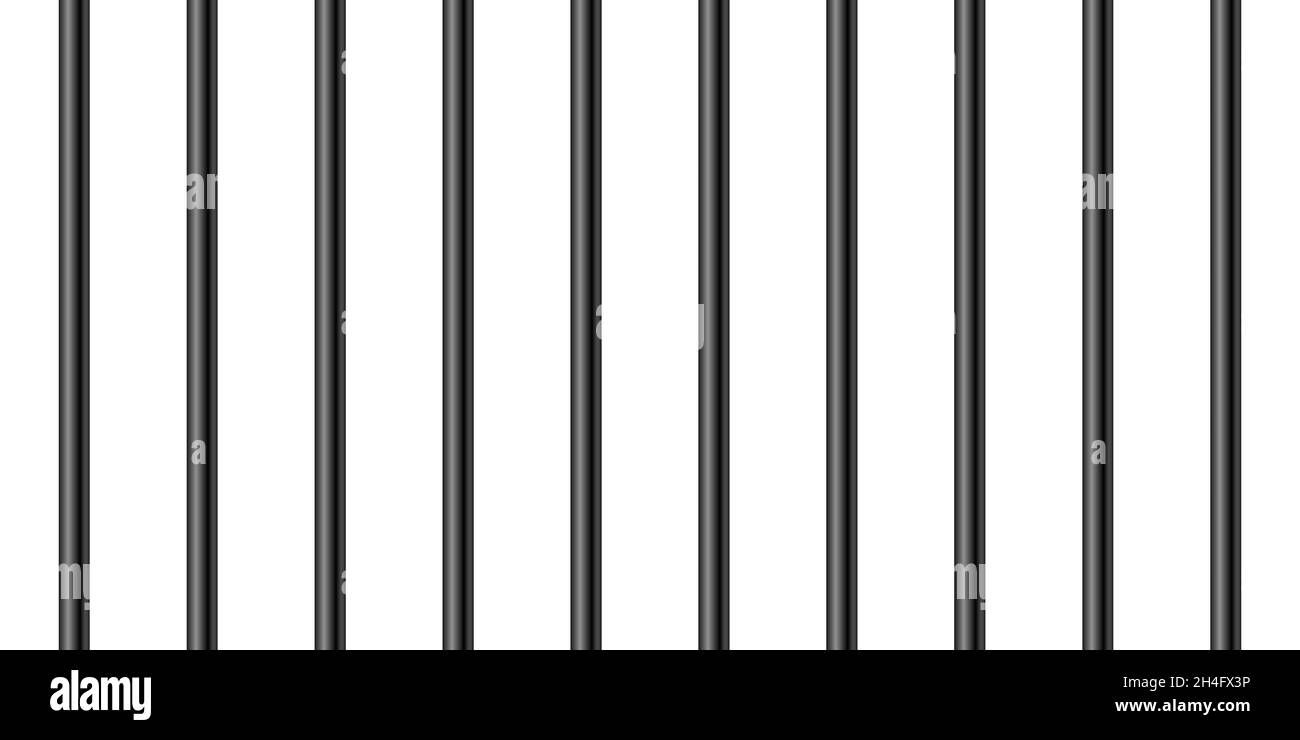 Nero realistico metallo carceri barre isolate su sfondo bianco. Gabbia dettagliata della prigione, recinto di ferro della prigione. Mockup sfondo criminale. Vettore creativo Illustrazione Vettoriale