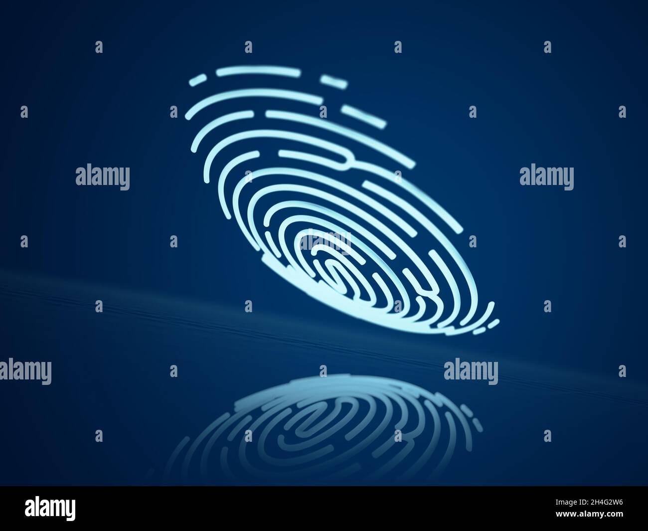 Impronte digitali su sfondo blu. Sicurezza e identificazione. Tecnologia biometrica. illustrazione 3d. Foto Stock