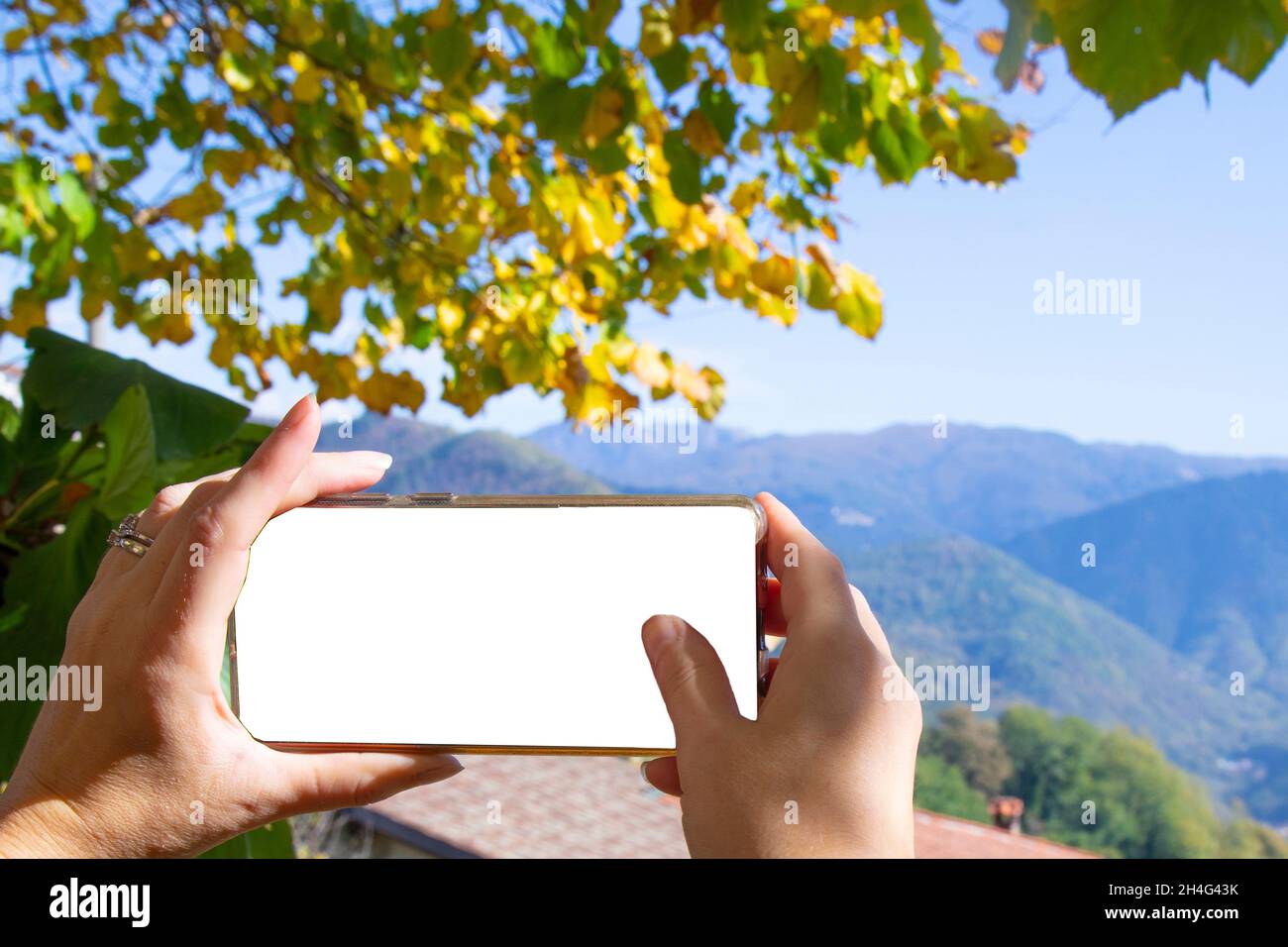 le mani femminili scattano le immagini con il telefono il paesaggio autunnale bello nelle montagne Foto Stock