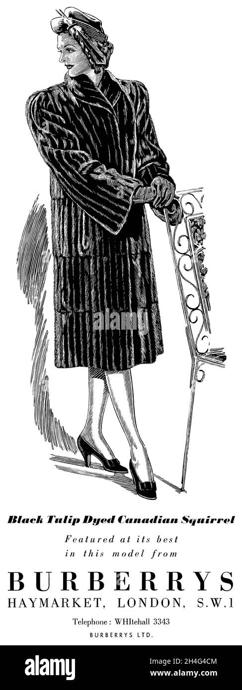 1947 Pubblicità britannica per il cappotto di pelliccia di scoiattolo Burberrys. Foto Stock
