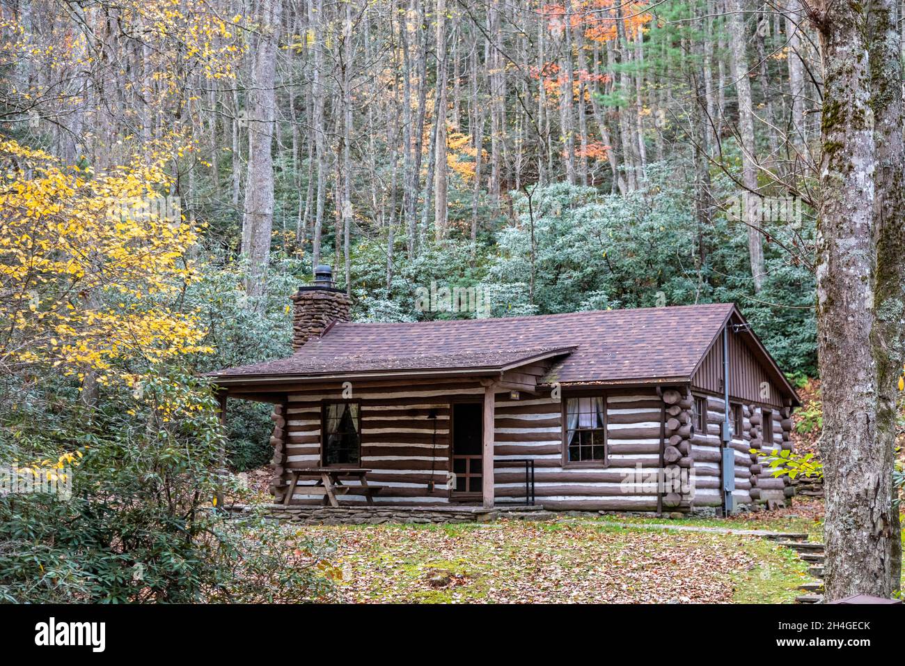 Marlinton, Virginia Occidentale - una cabina costruita negli anni '30 dal Civilian Conservation Corps (CCC) nel Watoga state Park. Il CCC è stato un programma New Deal in Foto Stock