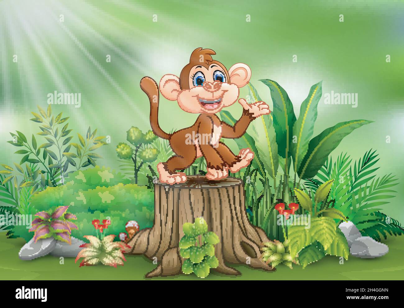 Cartoon una scimmia su ceppo di albero con piante verdi Illustrazione Vettoriale