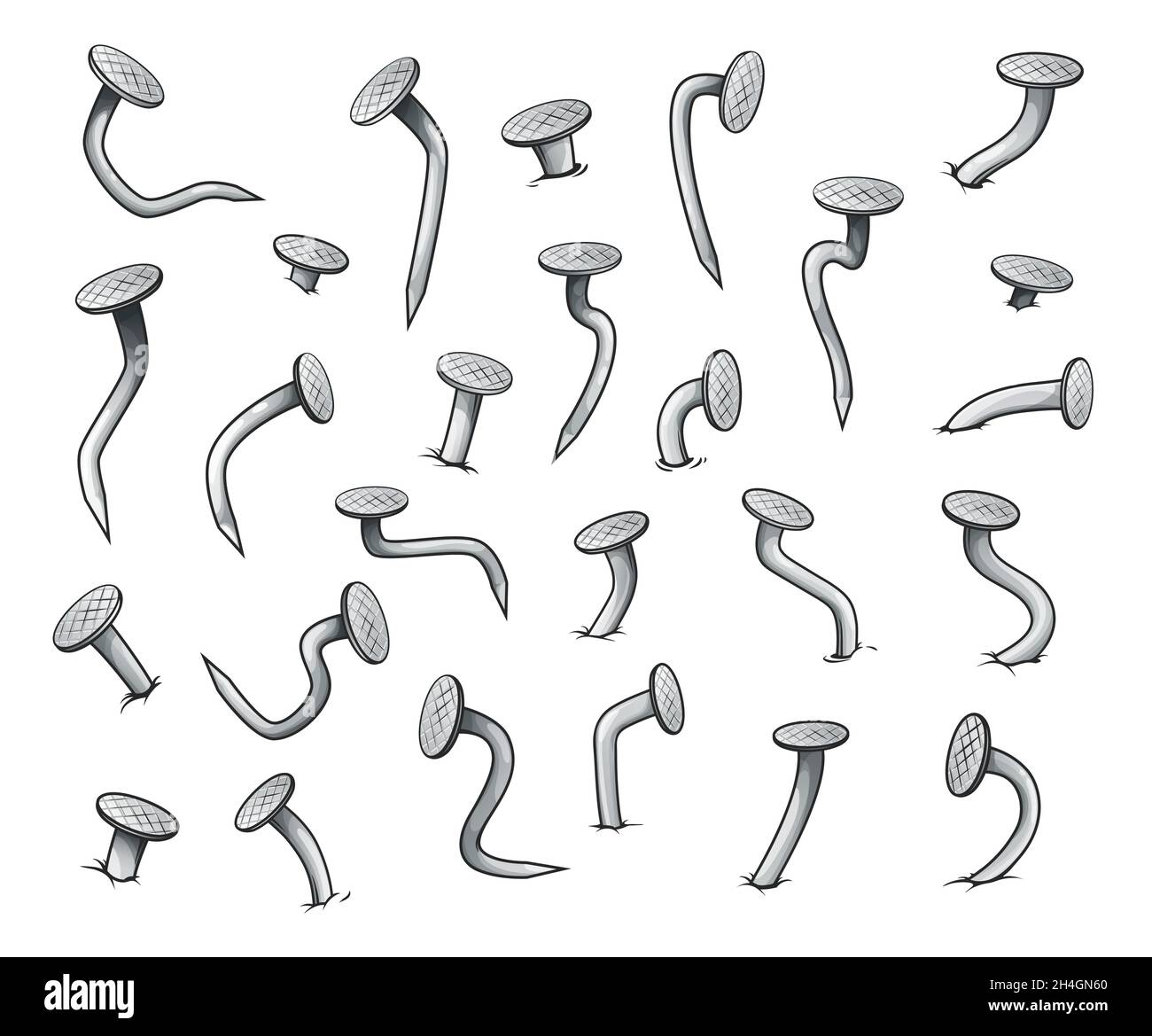 Cartoon chiodi piegati. Set di vettori per chiodi metallici isolati in acciaio. Punte di ferramenta affilate o hobbhails di colore grigio, curve e martellate a parete su bac bianco Illustrazione Vettoriale