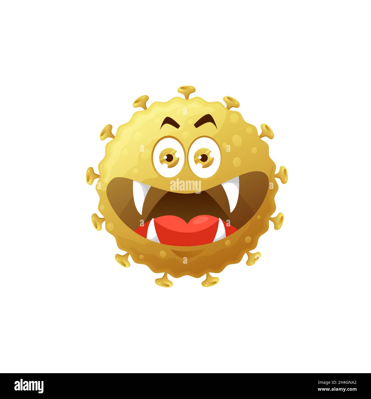 Icona vettore cellulare covid virus cartoon, batteri divertenti o carattere germe con bocca sorridente enorme e fangs affilati. Mostro di microbo patogeno con occhi grandi Illustrazione Vettoriale