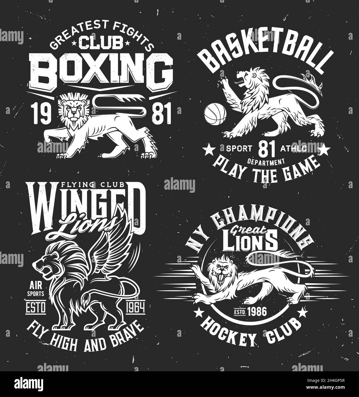 TShirt stampa con leoni in stile araldico, mascotte vettoriali per abbigliamento sportivo a squadre. Etichette per hockey, boxe, basket club. Monochr Illustrazione Vettoriale