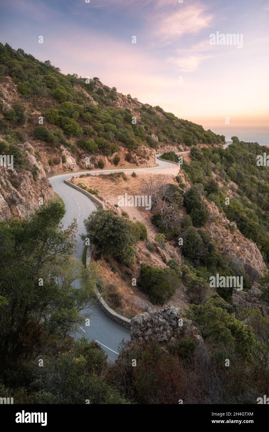 La strada D824 si snoda lungo la costa da piana verso Capu Rossu sulla costa occidentale della Corsica all'alba Foto Stock