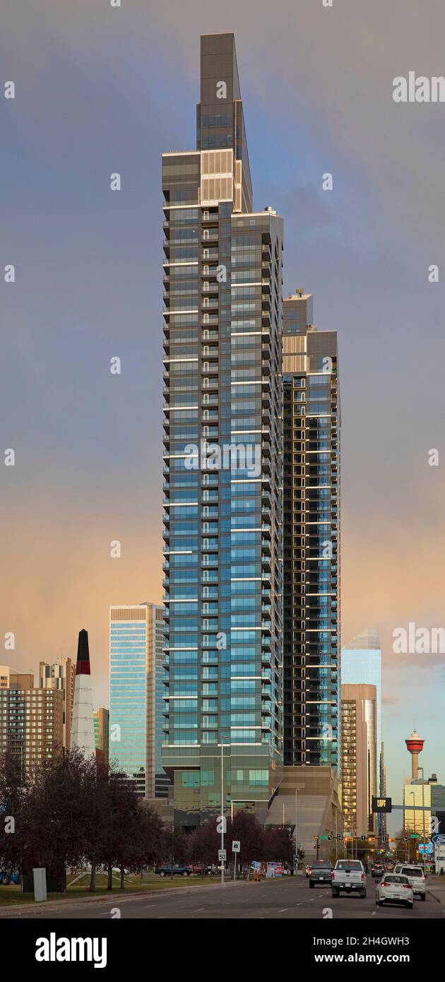 West Village Towers nel centro di Calgary, Alberta, Canada. Foto Stock