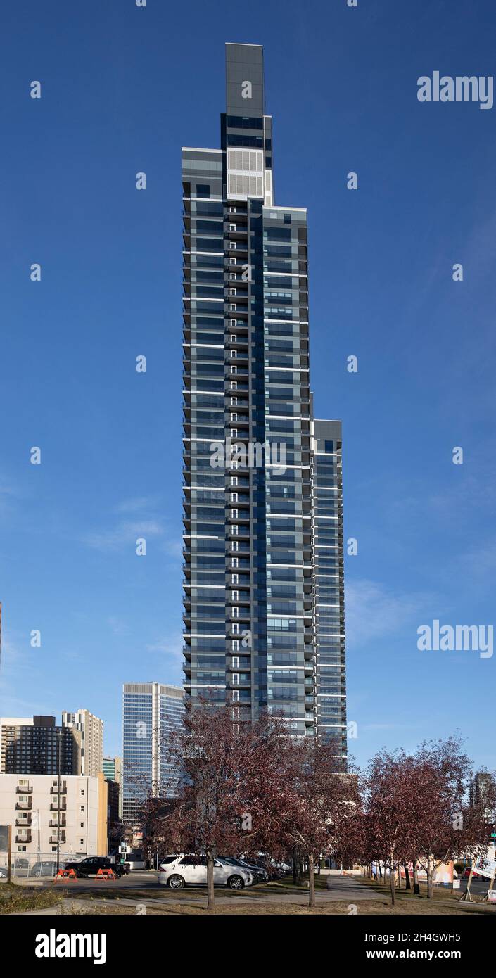 West Village Towers nel centro di Calgary, Alberta, Canada. Foto Stock