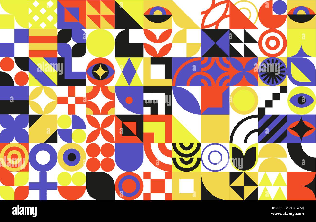 Design geometrico Bauhaus con elementi per gli occhi. Forme e forme primitive moderne. Poster vettoriali, copertine, striscioni. Illustrazione Vettoriale
