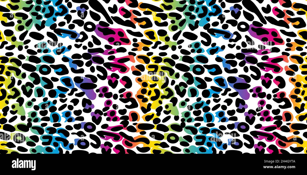 Motivo senza cuciture Rainbow leopard. Sfondo vettoriale neon colorato. Sfondo sfumato. Illustrazione Vettoriale