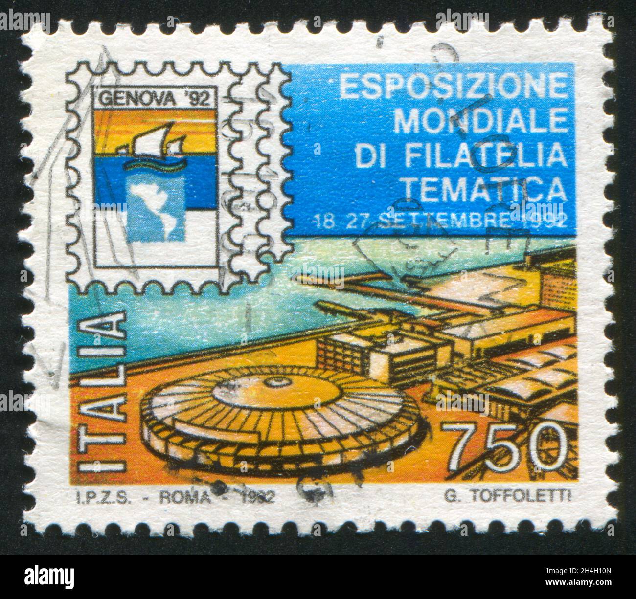ITALIA - CIRCA 1992: Francobollo stampato dall'Italia, mostra la mostra filatelica internazionale a Genova, circa 1992 Foto Stock