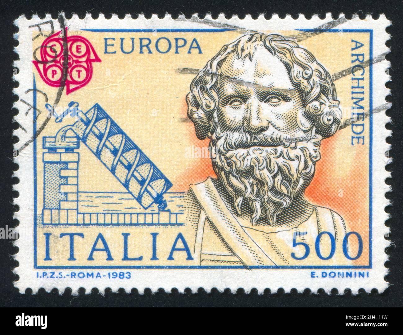 ITALIA - CIRCA 1983: Timbro stampato dall'Italia, mostra Archimede e la sua vite, circa 1983 Foto Stock