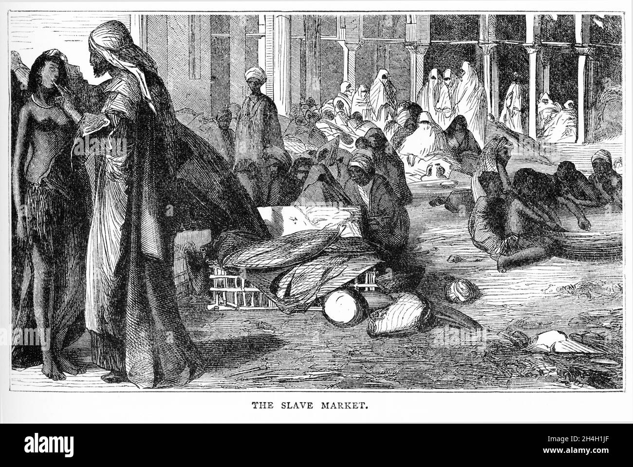 Incisione di un mercato di schiavi in Egitto, da una pubblicazione circa 1900 Foto Stock