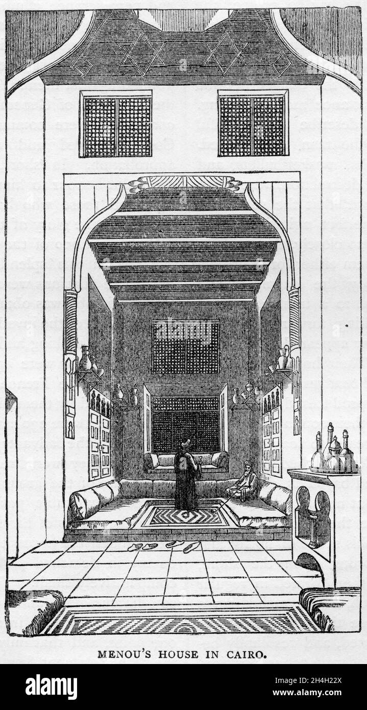 Incisione della casa in Egitto di Jacques-Francois de Menou, barone di Boussay, poi Abdallah de Menou (1750 – 1810), uno statista francese della Rivoluzione francese e generale delle guerre rivoluzionarie francesi, da una pubblicazione del 1890 circa Foto Stock