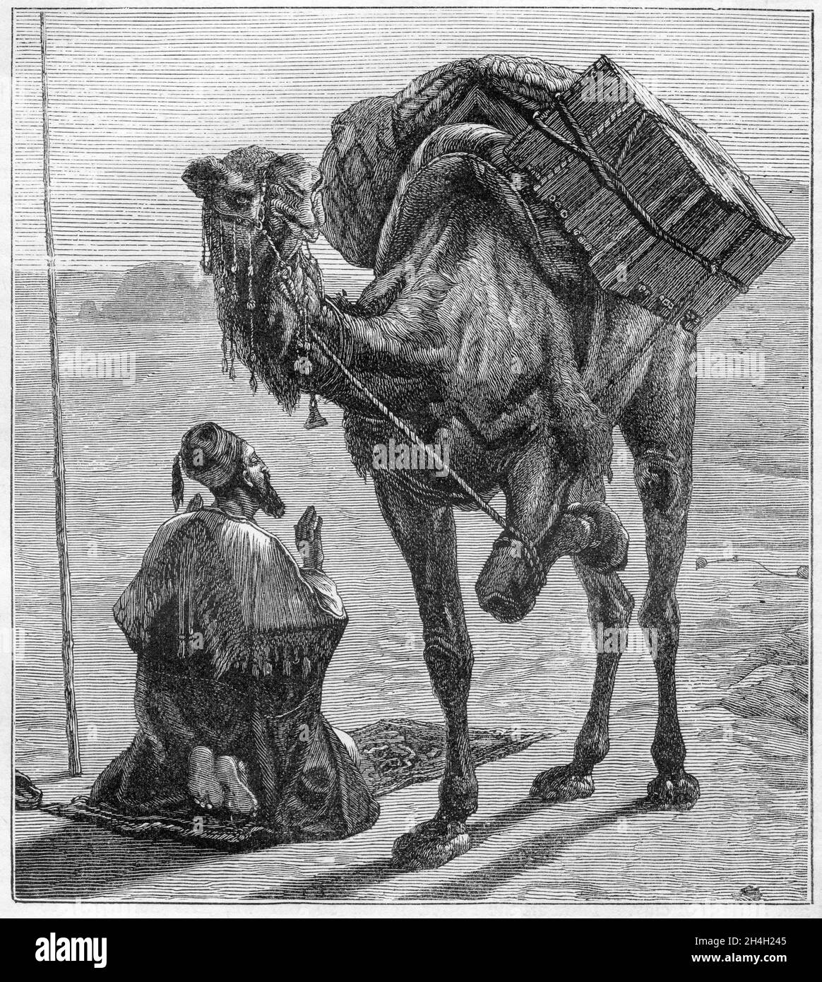 Incisione di un musulmano che prega nel deserto, da una pubblicazione circa 1890 Foto Stock