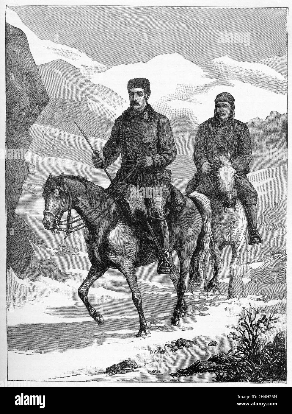 Incisione del colonnello Frederick Gustavus Burnaby (1842 – 1885), un ufficiale di intelligence dell'esercito britannico, nel suo viaggio a Khiva, circa 1890 Foto Stock