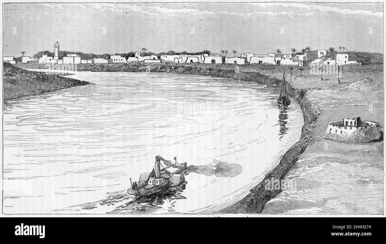 Incisione del battello a vapore di Sir Charles Wilson che si avvicina alla città di Khartoum, da una pubblicazione intorno al 1880. Disegno di Lieutenant-Colonel J. A. Grant. Foto Stock