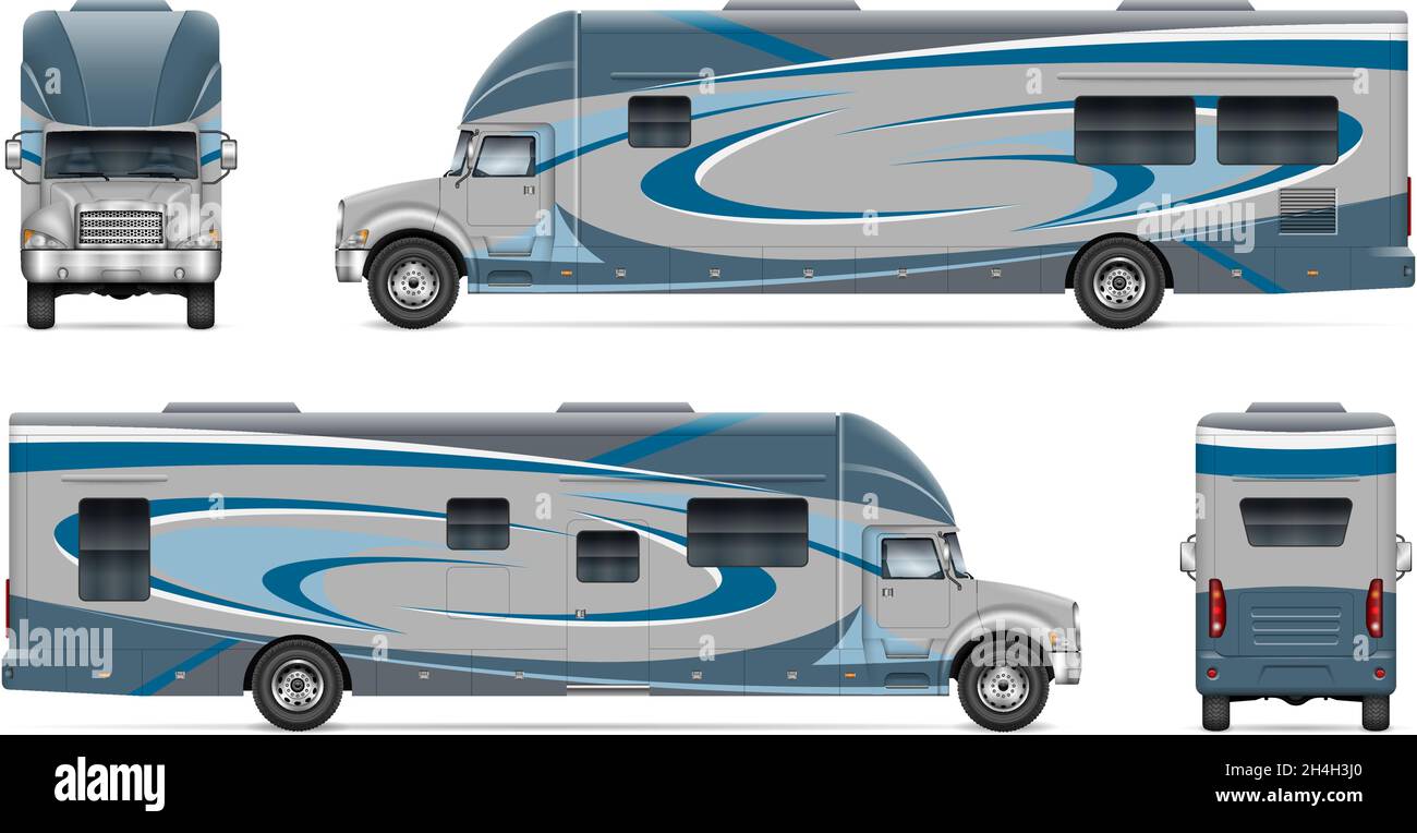 Rivestimento dei veicoli da diporto su bianco per il branding dei veicoli, l'identità aziendale. Tutti gli elementi nei gruppi sui livelli separatу per una facile modifica. Illustrazione Vettoriale