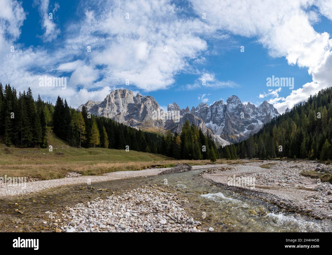 Val Venegia, sullo sfondo Gruppo pala, Parco Naturale Paneveggio pale di San Martino, Passo di Rollepass, Trentino, Italia Foto Stock