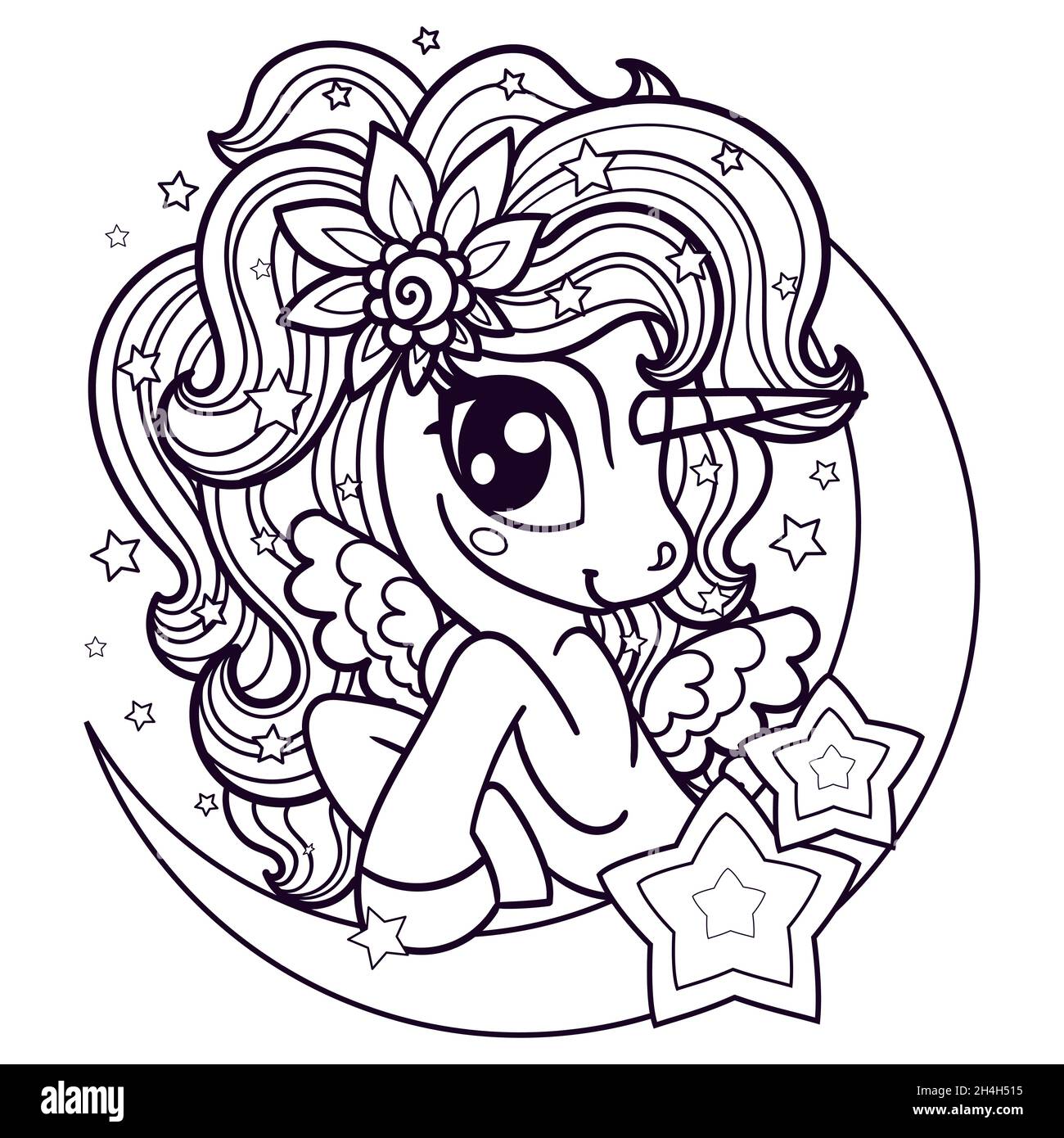 Unicorno con una lunga crena e una luna crescente. Disegno lineare in bianco e nero. Vettore Illustrazione Vettoriale