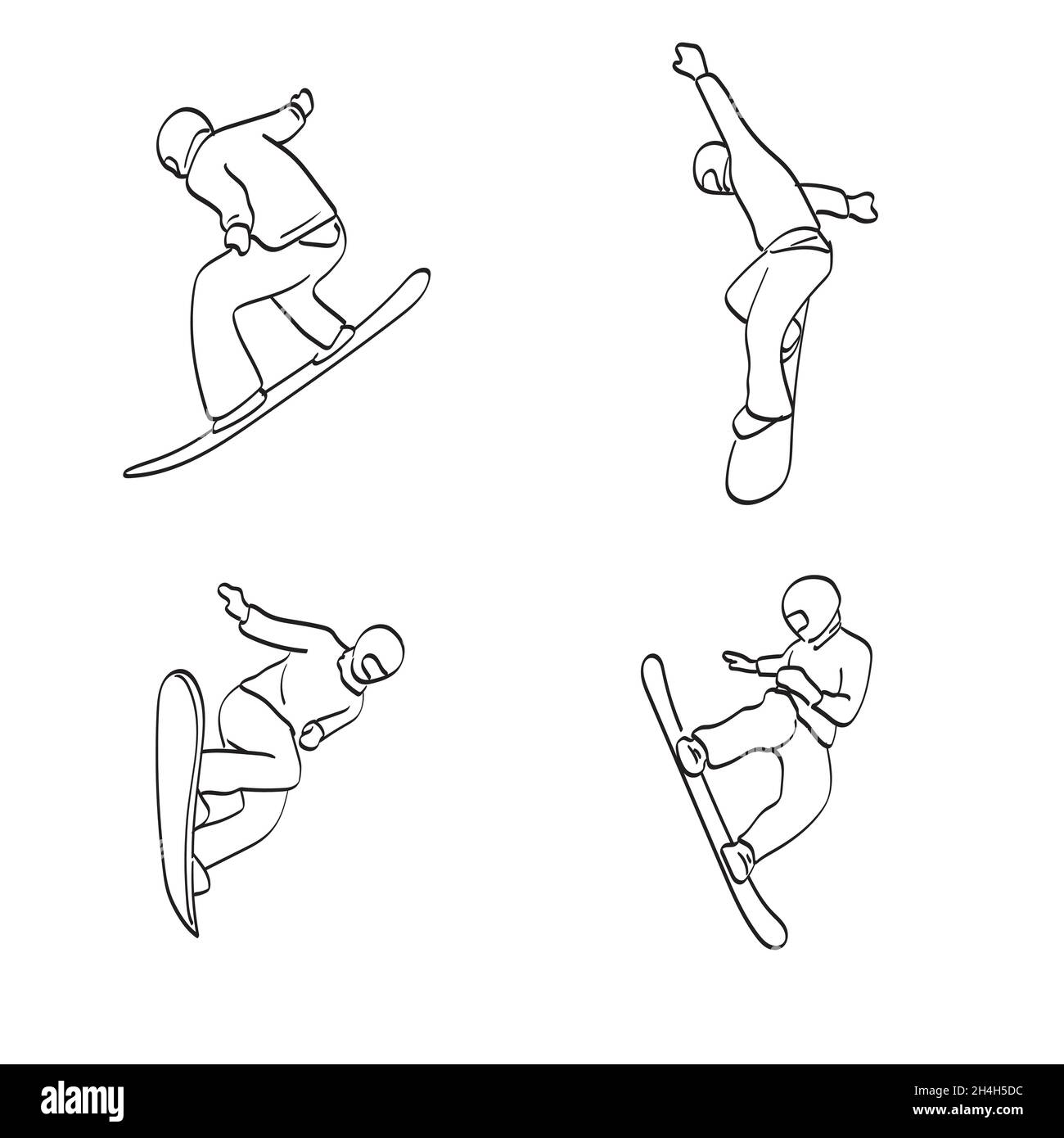 line art set di snowboarder in azione vettore di illustrazione isolato su sfondo bianco Illustrazione Vettoriale