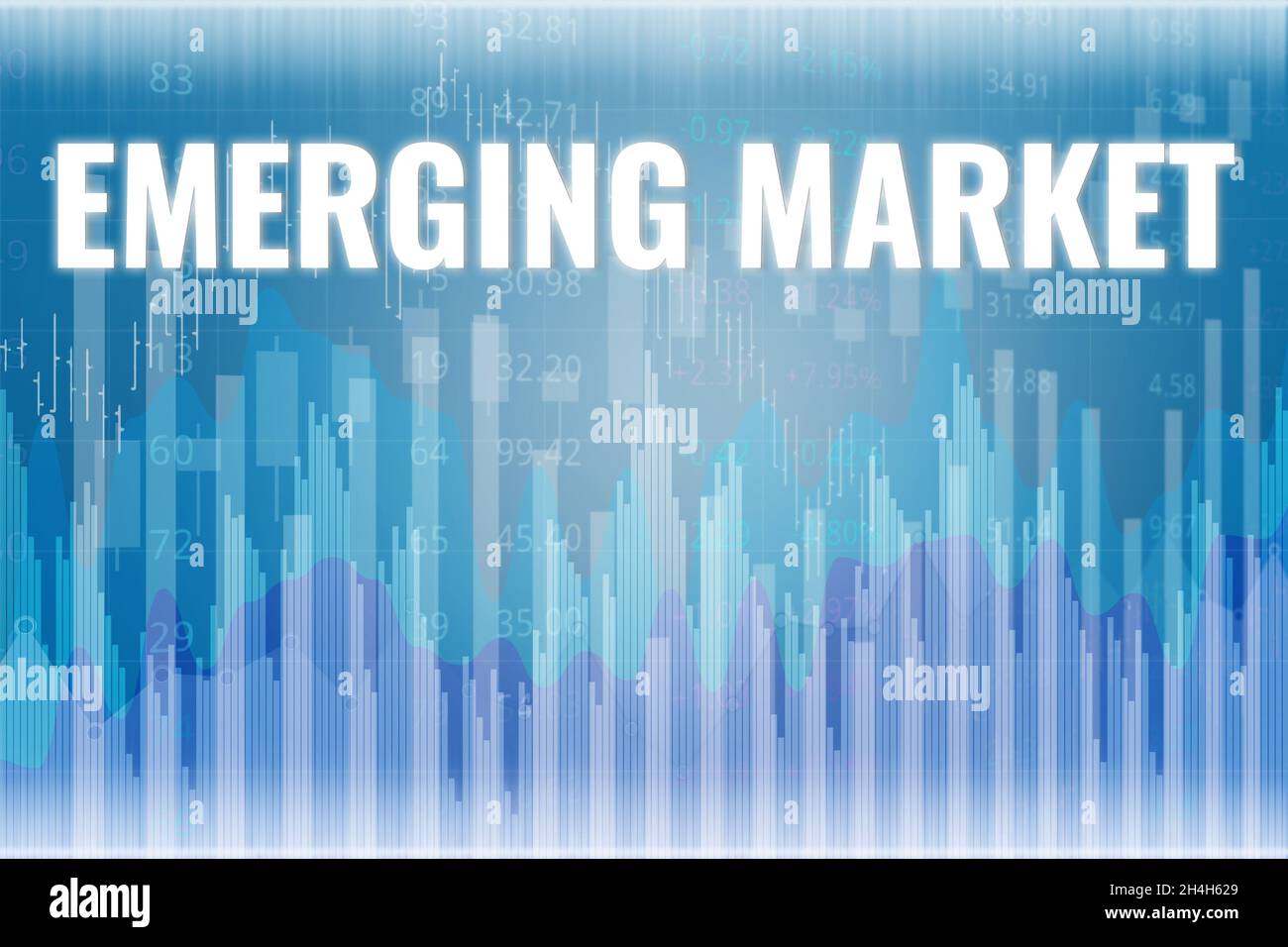 Termine finanziario mercato emergente su sfondo blu di finanza da grafici, grafici. Trend su e giù. Rendering 3D. Concetto di mercato finanziario Foto Stock