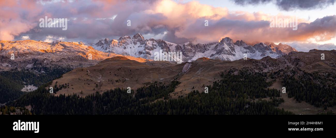 Cima di Juribrutto all'alba, Parco Naturale Paneveggio pale di San Martino, Passo Rolle, Trentino Foto Stock