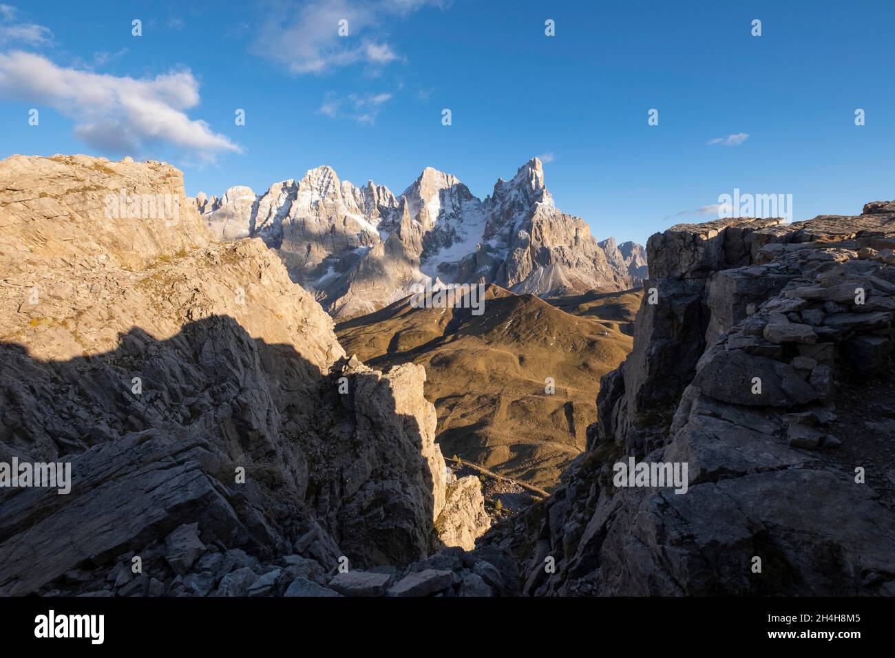 Vista dal Monte Castellaz al Cimon della pala, Gruppo pala, Parco Naturale Paneveggio pale di San Martino, Passo Rolle, Trentino, Italia Foto Stock