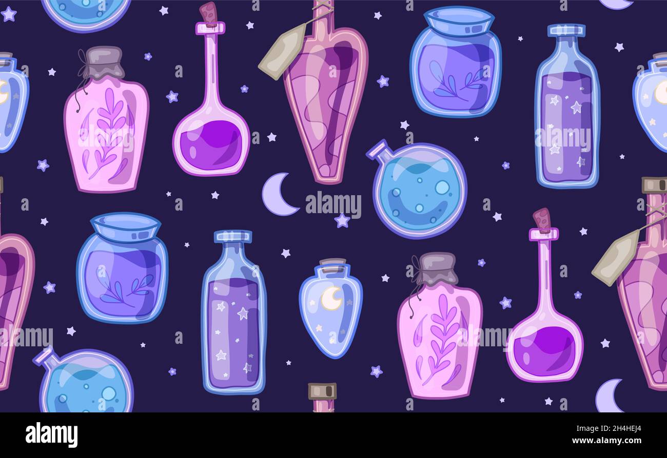 Modello mistico senza giunture con varie pozioni magiche, veleni e antidoti con stelle e mezzentre su sfondo viola scuro. Alchimia. Vettore al neon t Illustrazione Vettoriale