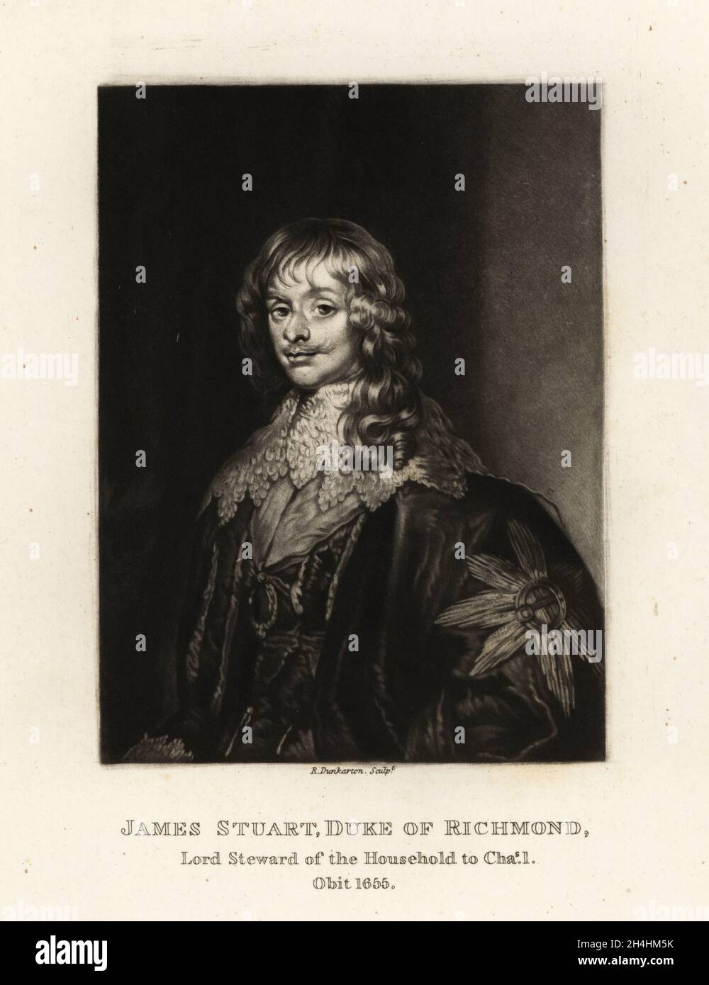 James Stuart, i Duca di Richmond, 1612-1655. Mezzotint incisione di Robert Dunkarton dopo un ritratto completo di Sir Anthony van Dyke di Richard Earlom e i ritratti di personaggi Illustrious in British History incisi in Mezzotinto, pubblicato da S. Woodburn, Londra, 1814. Foto Stock