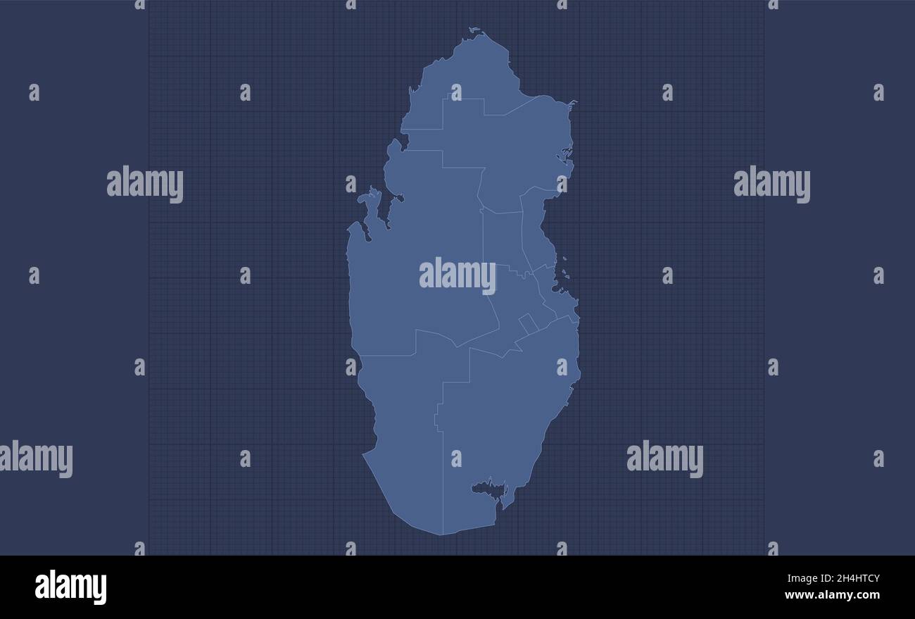Mappa Qatar, regioni separate, disegno infografico blu piatto, vuoto Foto Stock