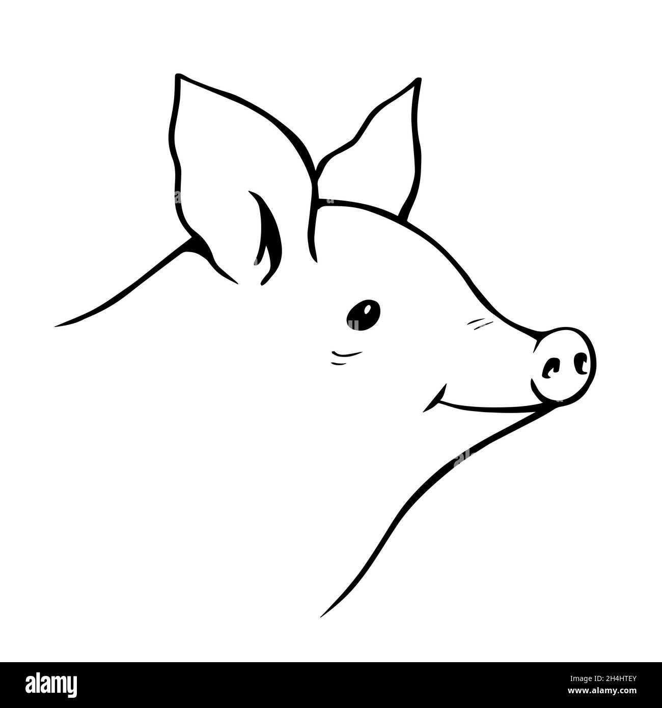 Testa di maiale su sfondo bianco. Agricoltura e animali domestici. Cibo e carne. Cartoon illustrazione disegno a mano Foto Stock