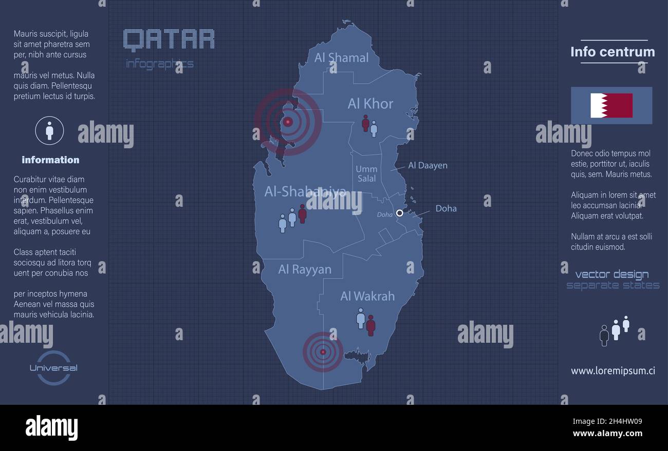 Mappa Qatar, regioni separate con nomi, infografica blu flat design vettoriale Illustrazione Vettoriale
