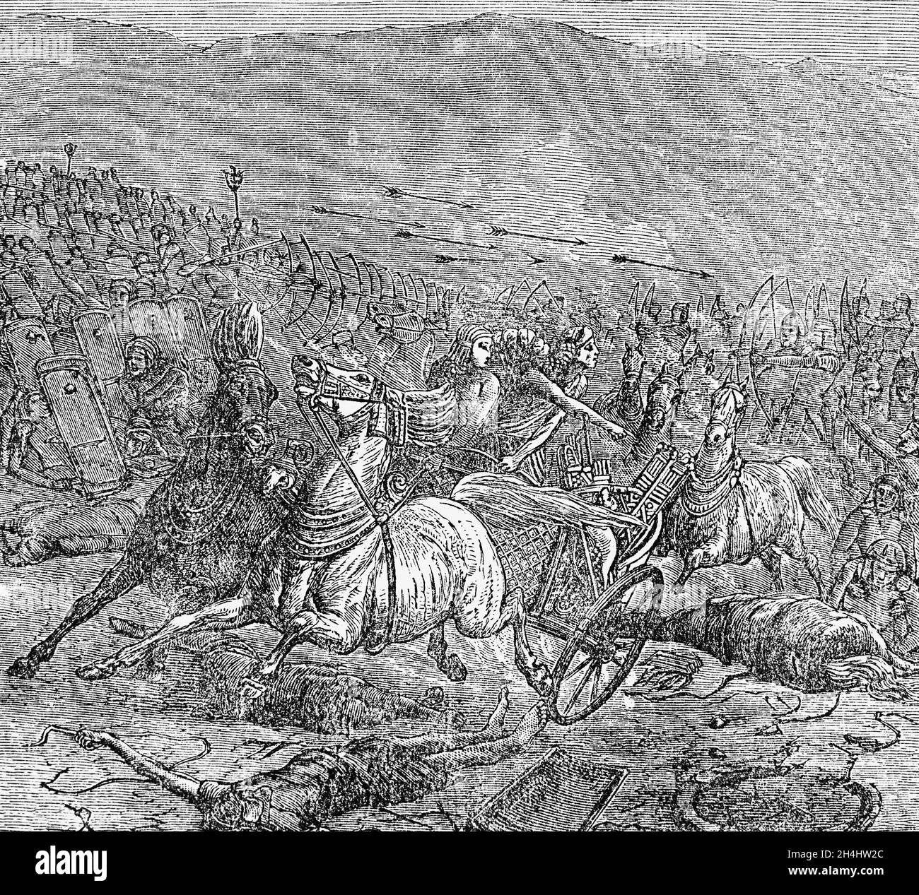 Un'illustrazione del tardo 19 ° secolo della sconfitta di Marco Licinius Crassus (115-53 AC) nella battaglia di Carrhae. Generale e statista romano, ha svolto un ruolo chiave nella trasformazione della Repubblica Romana nell'Impero Romano. Patrono politico e finanziario di Giulio Cesare, si unì a Cesare e Pompeo nell'alleanza politica non ufficiale conosciuta come il primo Triumvirato. Crassus usò la Siria come piattaforma di lancio per una campagna militare contro l'Impero Parthiano, ma fu un fallimento disastroso, che finì con la sua sconfitta e morte a Carrhae, vicino all'attuale Harran in Turchia. Foto Stock
